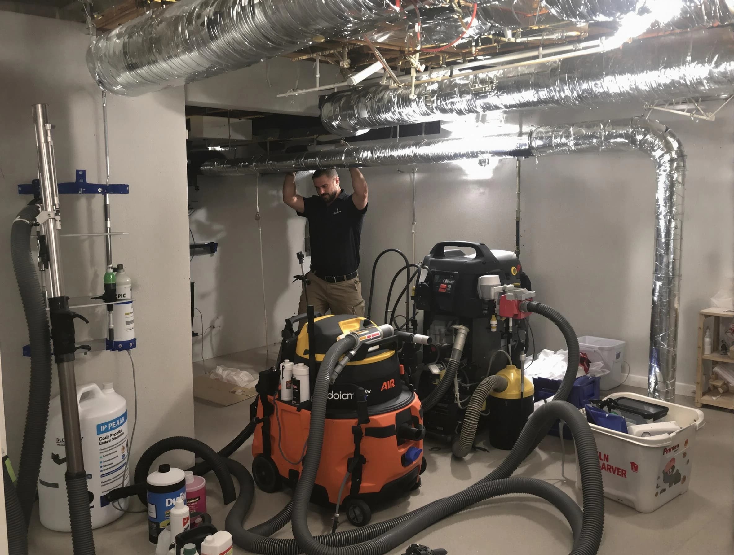 Ontario Air Duct Cleaning specialist performing professional mold removal from air ducts using safety equipment in Ontario