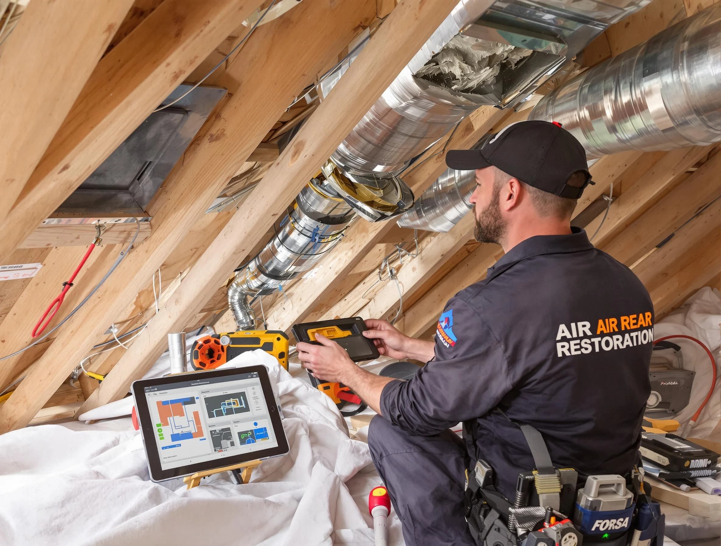 Ontario Air Duct Cleaning technician performing precise duct repair work in Ontario